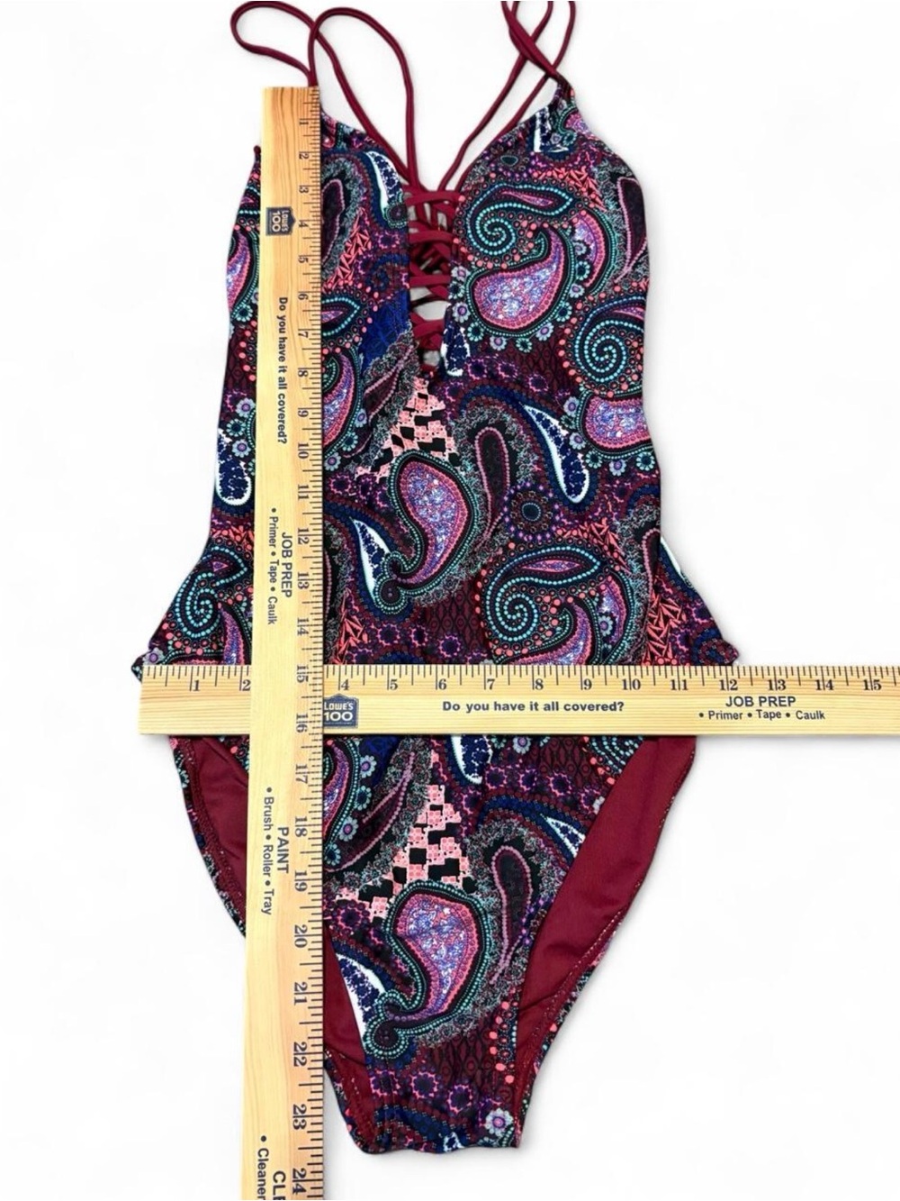 Ambrielle Maroon Paisley Lace-Up One-Piece Swimsuit - Picture 2 of 5